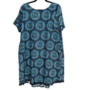 Roller Rabbit Linen Shift Dress Blue Circles with Tassels Scoop Neck  - Medium